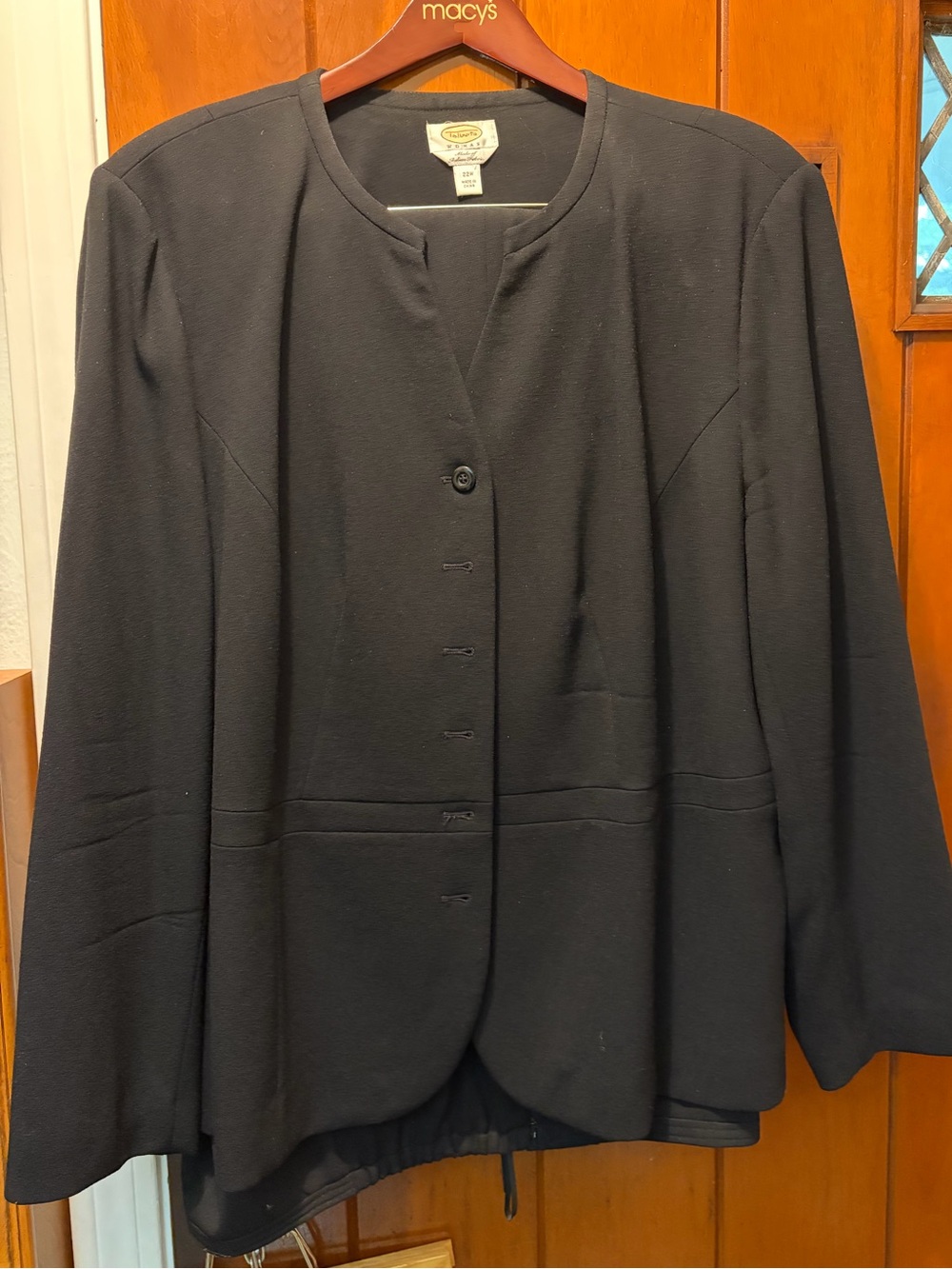 Talbots Black Wool Pant Suit Collarless Jacket with Slight Peplum